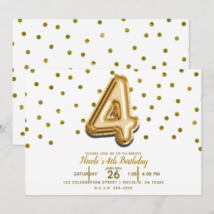 Invitation Quatre 4 Ballon Doré & Confettis Fête d'anniversai