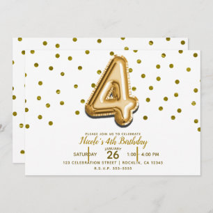 Invitation Quatre 4 Gold Balloon & Confetti 4e fête d'anniver