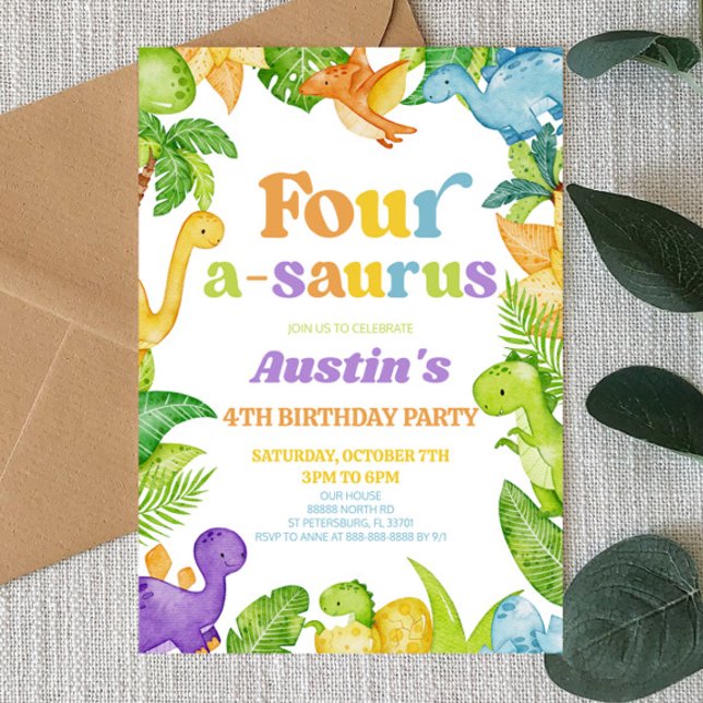 Invitation Quatre A-Saurus Dinosaur 4e fête d'anniversaire (Créateur téléchargé)
