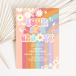 Invitation QUATRE ans Toujours Groovy Daisy Rainbow Groovy An
