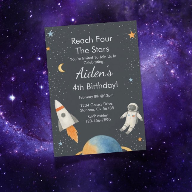 Invitation "Quatre étoiles" Espace extra-atmosphérique 4e ann (Space-themed birthday party invite card design shown with a cosmic purple galaxy background)