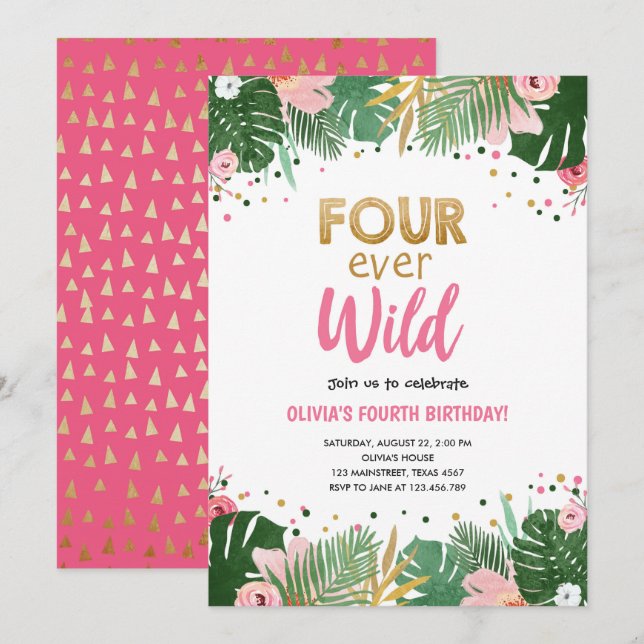 Invitation Quatre Fille Safari Tropical Sauvage Anniversaire (Devant / Derrière)