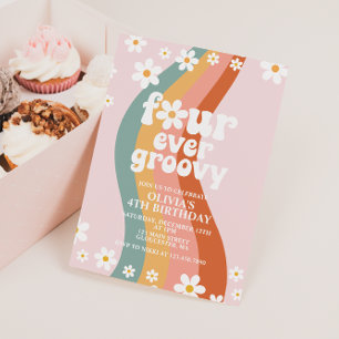 Invitation Quatre fois groovy anniversaire 4 ans arc-en-ciel 