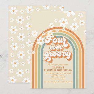 Invitation Quatre fois groovy Anniversaire Rétro Arc-en-ciel