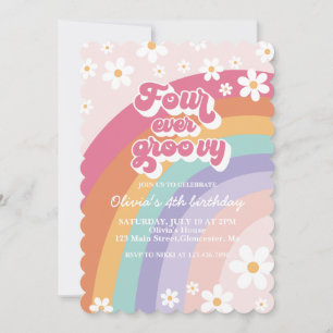 Invitation Quatre fois groovy anniversaire rétro arc-en-ciel 