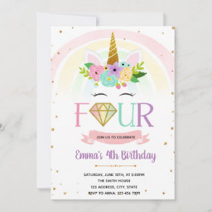 Invitation Quatre fois l'invitation d'anniversaire de licorne