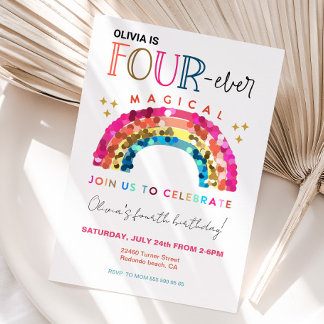 Invitation QUATRE fois Magique mignon arc-en-ciel 4e annivers