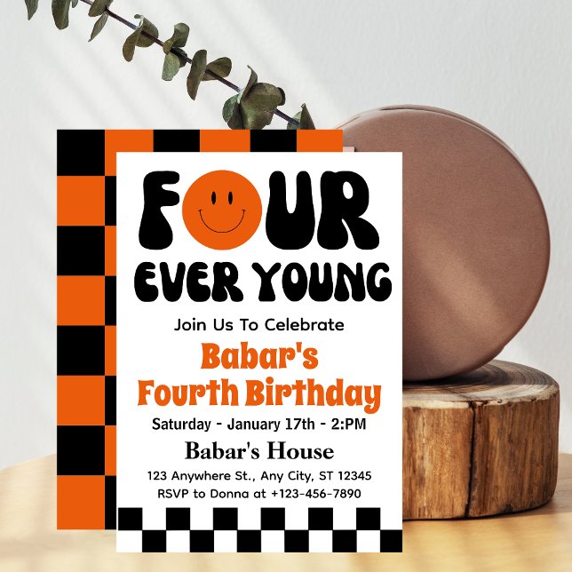 Invitation Quatre Forever Young Retro Boy 4ème Anniversaire  (Créateur téléchargé)