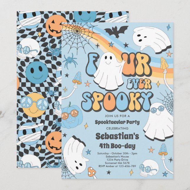 Invitation Quatre Halloween Éffrayant Fantôme Super Anniversa (Devant / Derrière)