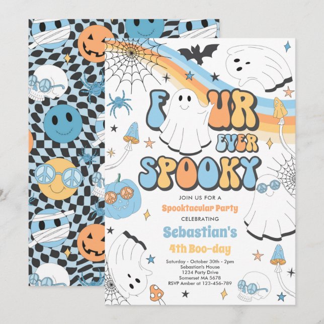 Invitation Quatre Halloween Éffrayant Fantôme Super Anniversa (Devant / Derrière)