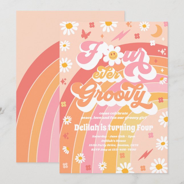 Invitation Quatre Hippie Super Rainbow 4e fête d'anniversaire (Devant / Derrière)