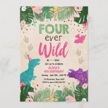 Quatre jamais Fille Dino Wild Dinosaure rose Anniv