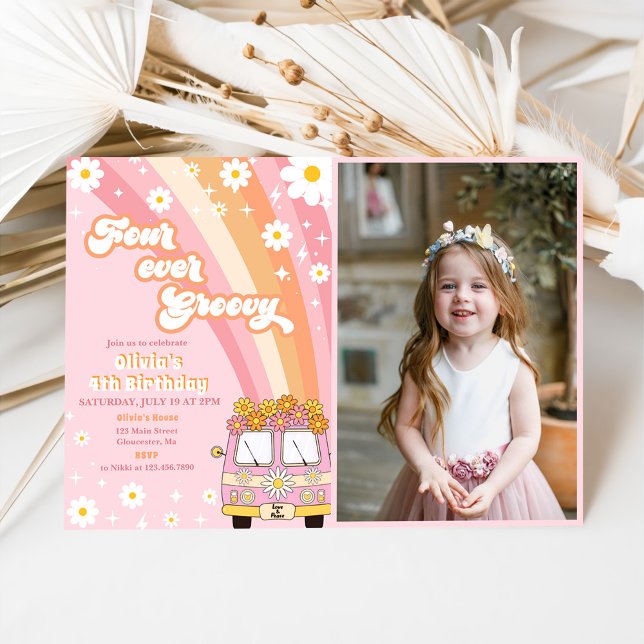 Invitation Quatre jamais Super Retro Rainbow 4th Birday Photo (Créateur téléchargé)