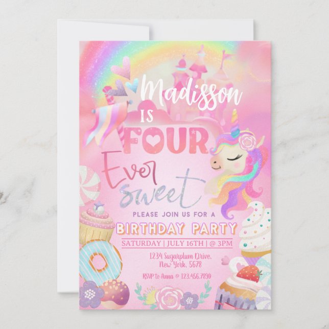 Invitation Quatre jamais Sweet Unicorn Donut Sweet 4e (Devant)