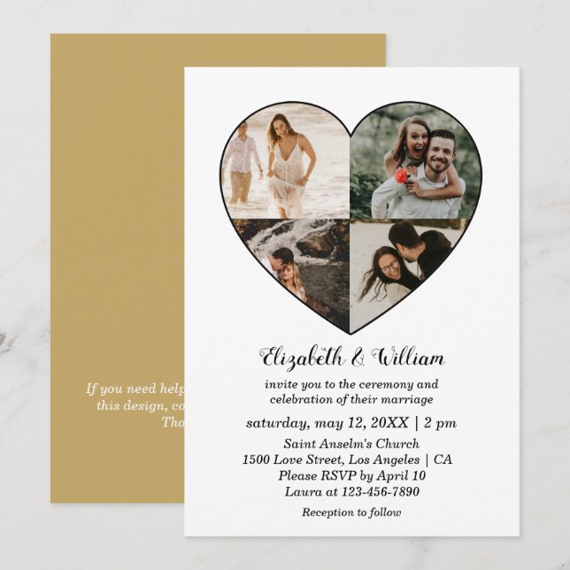Invitation Quatre photos Collage Mariage de cadre de coeur (Devant / Derrière)