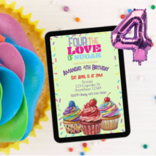 Invitation Quatre pour l'amour du sucre, Cupcake 4ème anniver