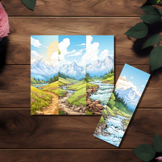 Invitation Quatre Signets paysagers de pack (à revendre?) (Image shows a set of four landscape bookmarks lying on top of a wooden table.)