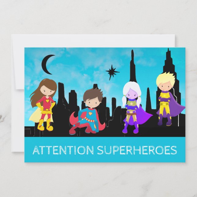 Invitation *~* Quatre SUPERHÉROS Fête d'anniversaire pour enf (Devant)