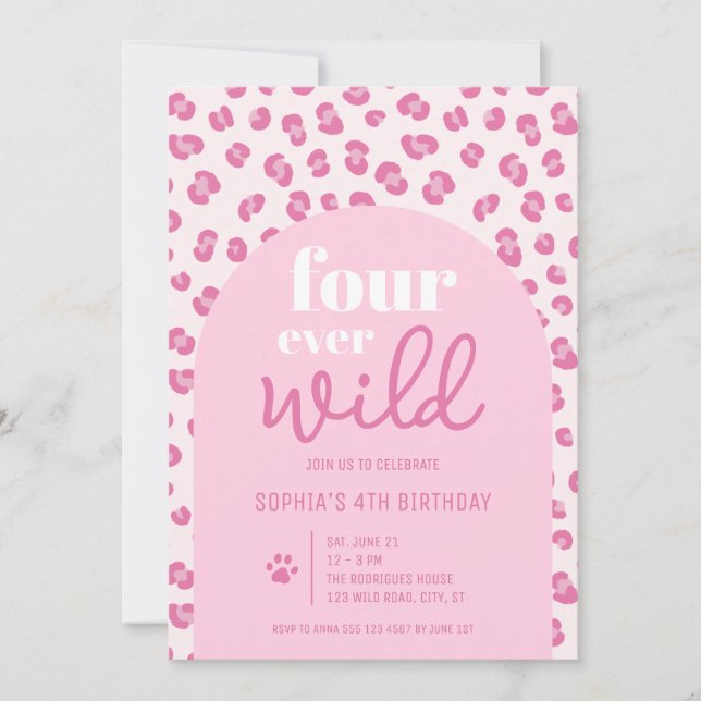 Invitation Quatre toujours sauvage fille 4e anniversaire fête (Devant)