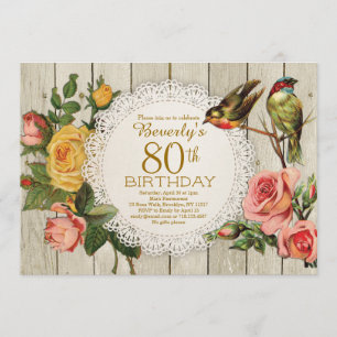 Invitation quatre-vingtième Oiseaux floraux de roses