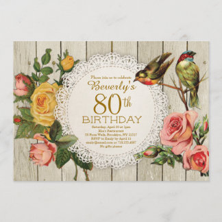 Invitation quatre-vingtième Oiseaux floraux de roses