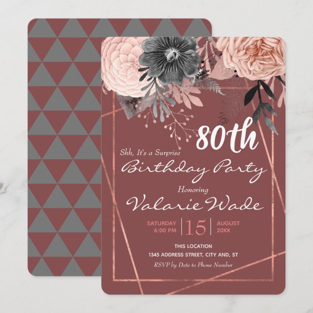 Invitation quatre-vingtième Roses de rose de fête (Devant / Derrière)