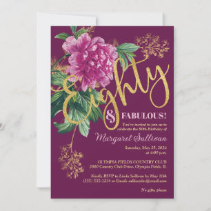 Invitation Quatre-vingts ans et Fabuleux Anniversaire Rose Pi