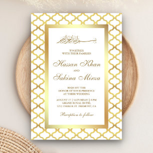 Invitation Quatrefoil marocain blanc et or Mariage musulman