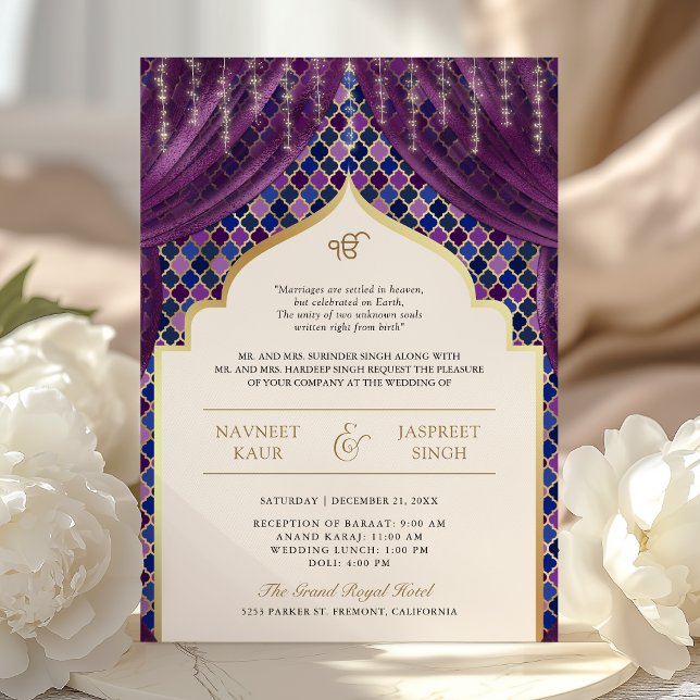 Invitation Quatrefoil or violet QR Code Sikh Mariage (Créateur téléchargé)