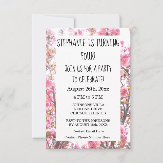 Invitation Quatrième fête d'anniversaire Pink Cherry Blossom  (Devant)