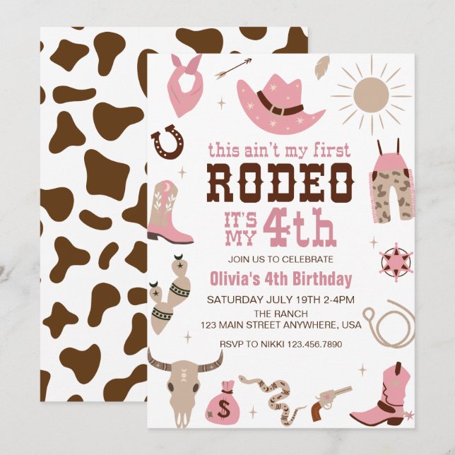 Invitation Quatrième Rodéo Western Cowgirl 4E Anniversaire (Devant / Derrière)