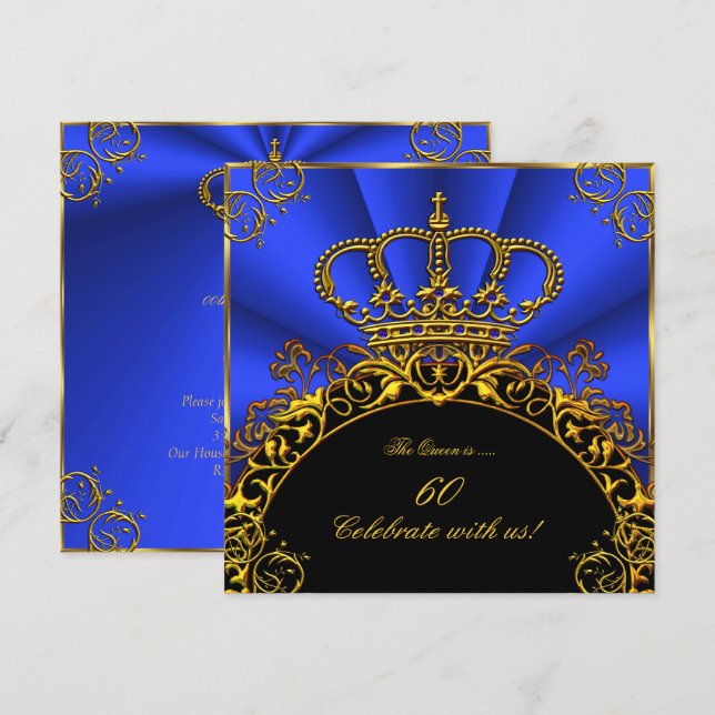 Invitation Queen King Regal Gold Royal Blue fête d'anniversai (Devant / Derrière)
