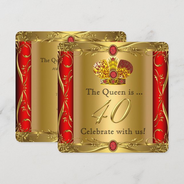 Invitation Queen King Regal Red Gold 40th Birthday Party (Devant / Derrière)