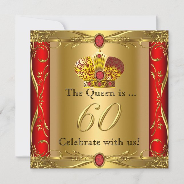 Invitation Queen King Regal Red Gold 60e fête d'anniversaire (Devant)
