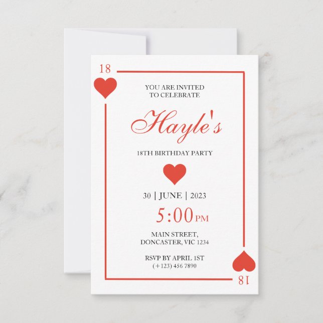 Invitation Queen of Hearts Casino Playing Cards 18e anniversa (Devant)