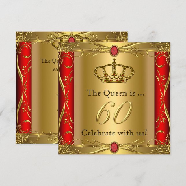 Invitation Queen ou King Regal Red Gold 60e fête d'anniversai (Devant / Derrière)