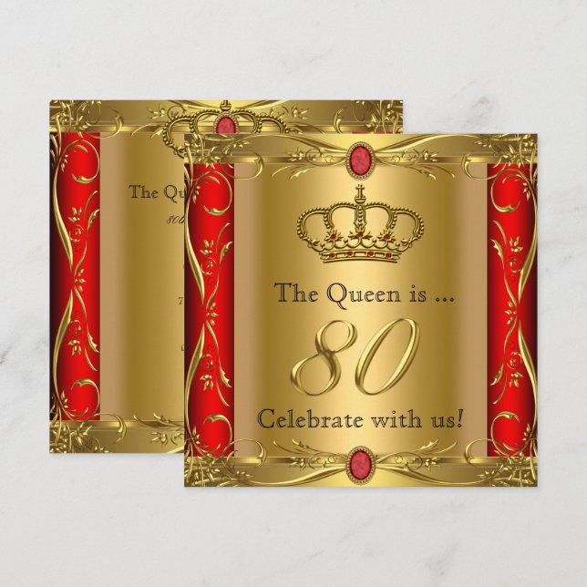 Invitation Queen ou King Regal Red Gold 80e fête d'anniversai (Devant / Derrière)