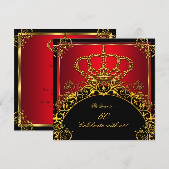 Invitation Queen ou King Regal Red Gold Royal Anniversaire (Devant / Derrière)