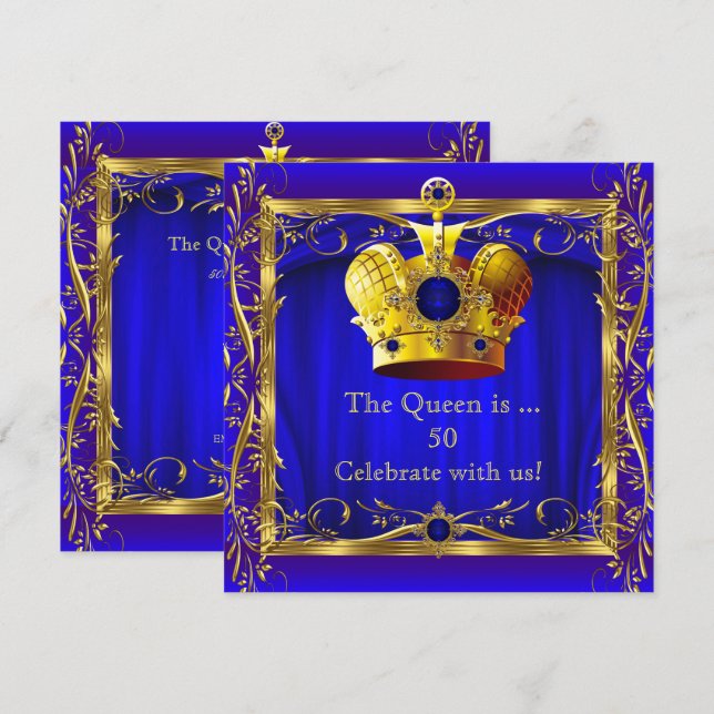 Invitation Queen Royal Blue Purple Gold 50e fête d'anniversai (Devant / Derrière)