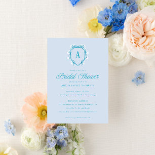 Invitation Quelque chose Blue Floral Crest Monogramme Fête de