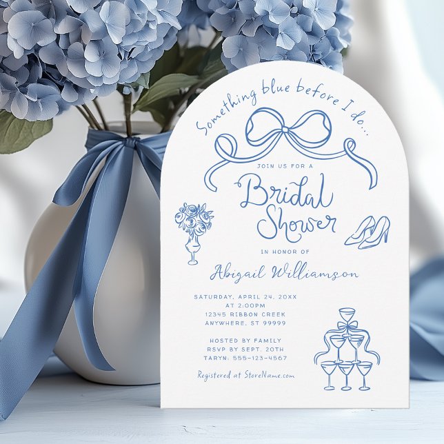 Invitation Quelque chose de bleu avant de faire Fête des mari (Shown on a 5"x 7" invitation with Arch Corner Style)