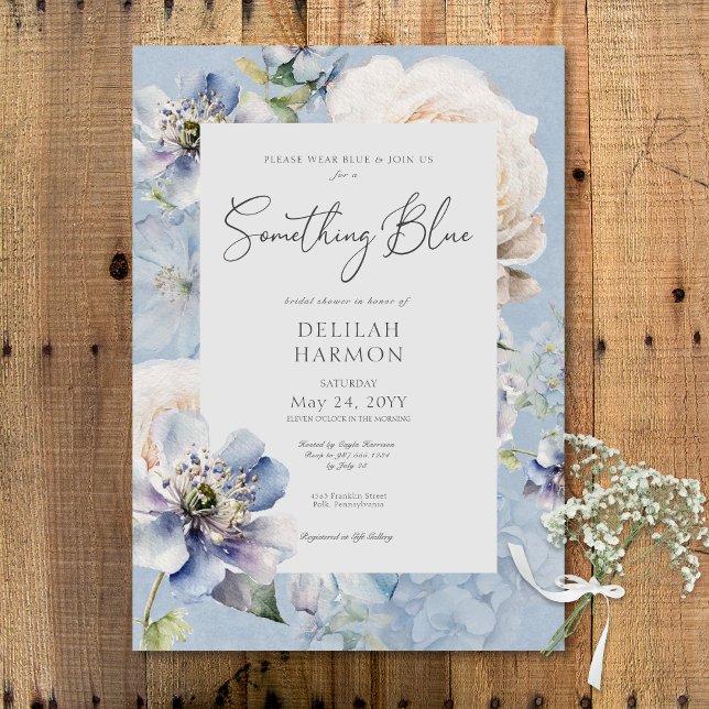 Invitation Quelque chose romantique Fête des mariées florale  (Romantic Something Blue Floral Bridal Shower Invitation)
