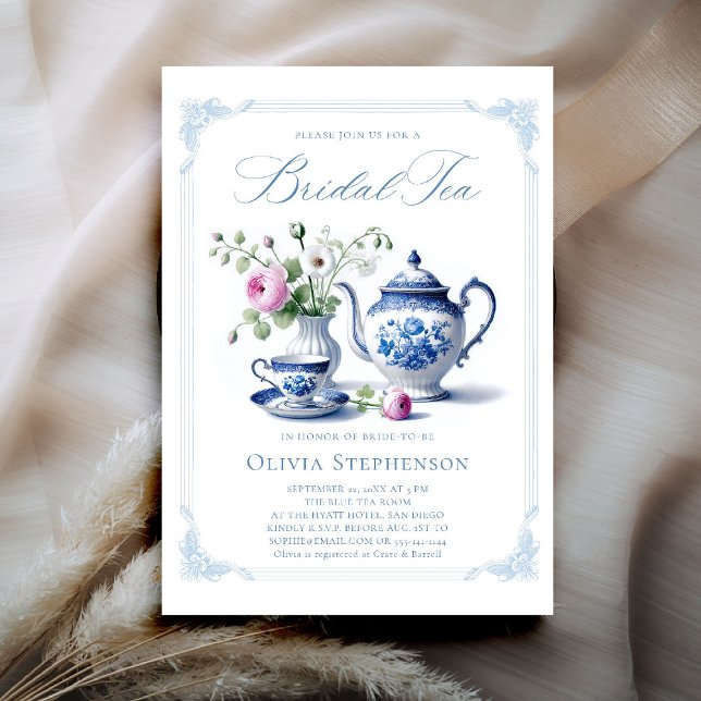 Invitation Quelque Chose Toile Bleu Cadre Chic Thé nuptiale D (bridal tea invitation toile chinoiserie something blue frame roses floral flower elegant classic)