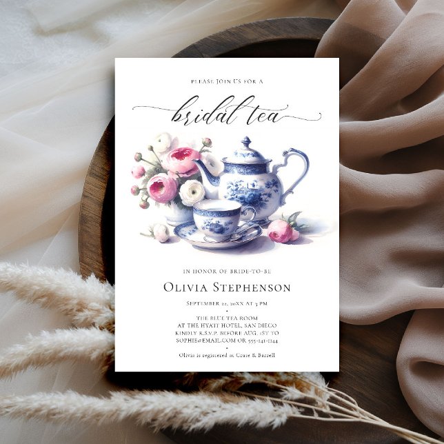 Invitation Quelque chose Toile Bleu Rose Chic Thé nuptiale Do (bridal tea invitation toile chinoiserie blue delft roses floral flower elegant modern classic chic)