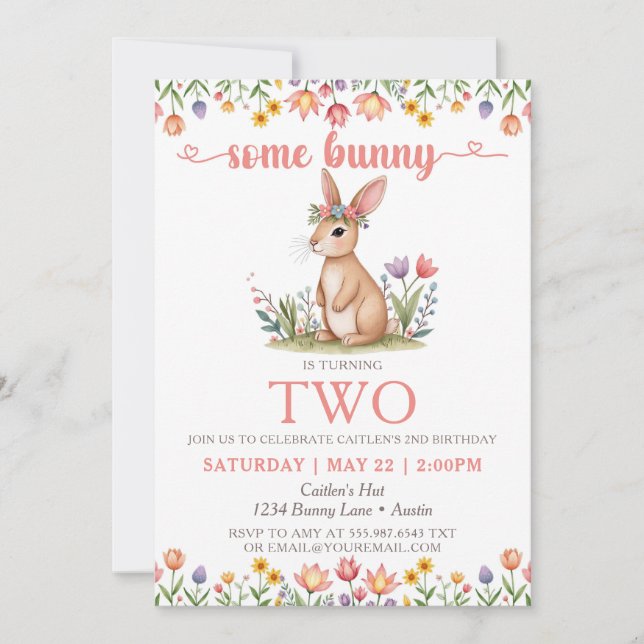 Invitation Quelques Bunny Anniversaire mignon Lapin Floral In (Devant)