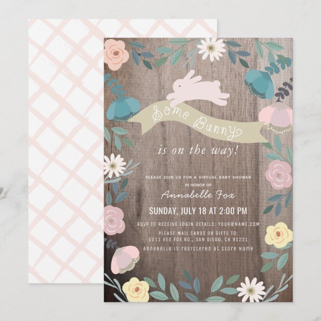 Invitation Quelques Bunny Floral Wood Girl Baby shower virtue (Devant / Derrière)