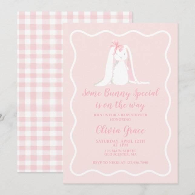 Invitation Quelques Bunny spécial En vichy Baby shower (Devant / Derrière)