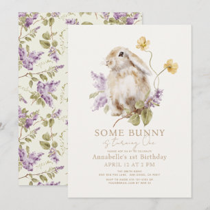Invitation Quelques Lapin Lop Purple Lilac Floral 1er Anniver
