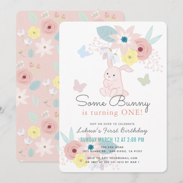 Invitation Quelques Papillon floral rose lapin 1er anniversai (Devant / Derrière)