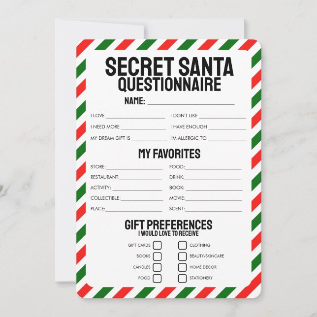 Invitation Questionnaire cadeau Secret Père Noël (Devant)